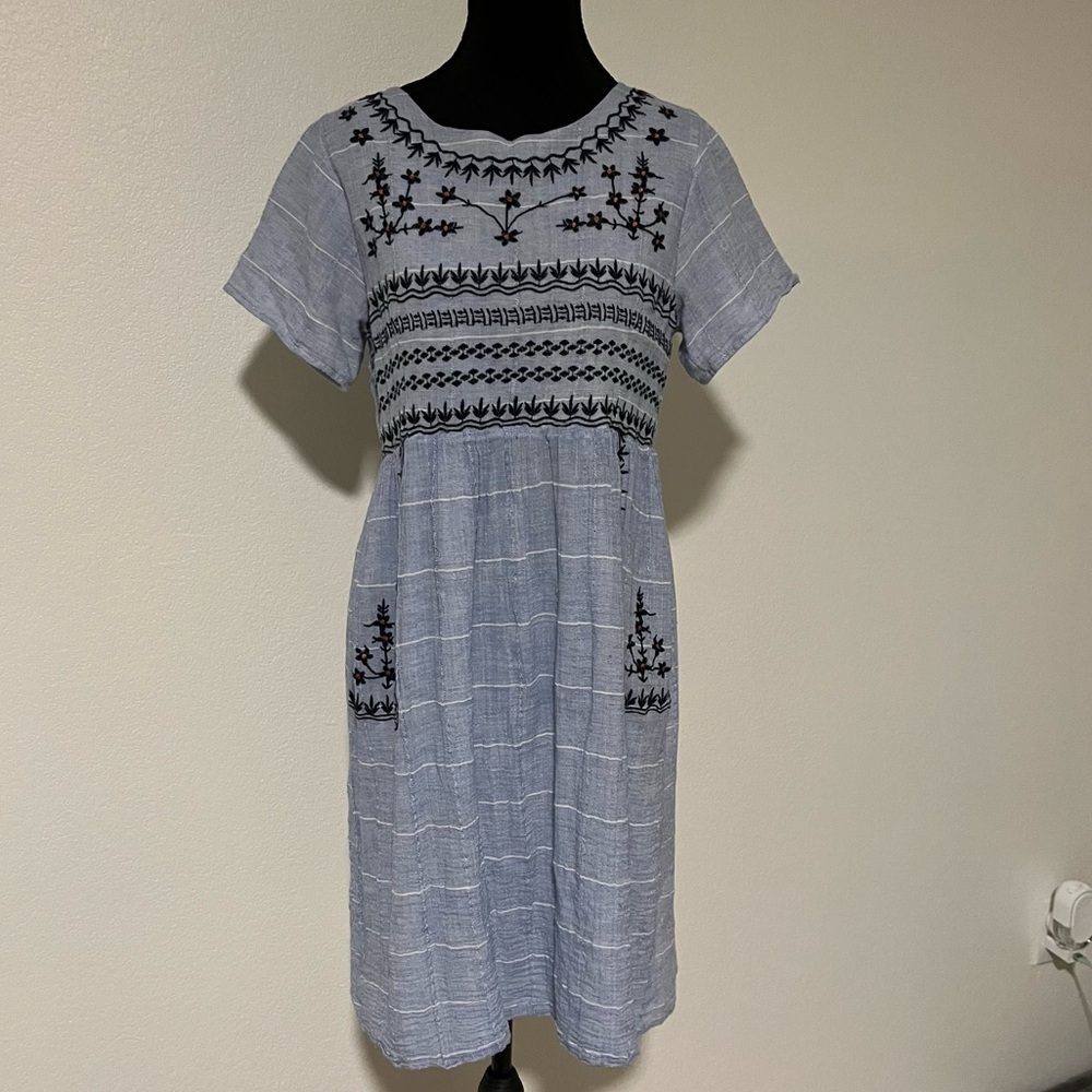 Called to Surf Lightweight Casual Cozy Beach Blue Midi Dress Black‎ Embroidery